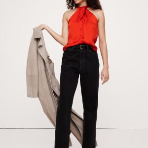 Hammered Satin Halter Button-Down Top