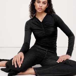 Crepe Ruched V-Neck Top