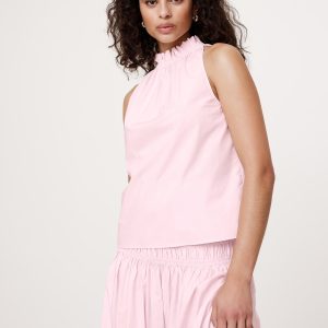 Cotton Poplin Ruche-Neck Top