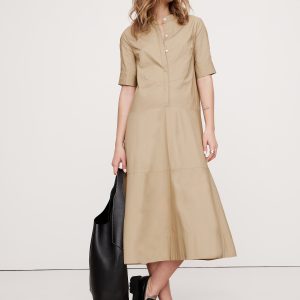 Cotton Poplin Tuxedo-Front Midi Dress