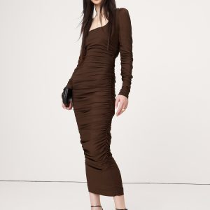Stretch-Crepe Ruched Midi Dress